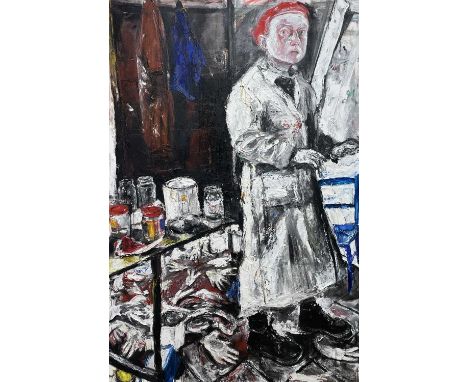 ‡SHANI RHYS JAMES MBE oil on canvas - entitled 'White Overall II, 1995', signed on label verso with handwritten addressDimens