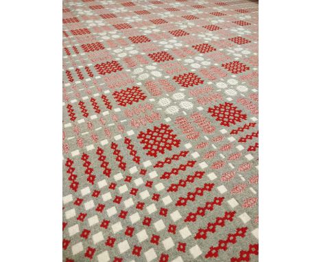VINTAGE WELSH TAPESTRY 'CAERNARFON' BLANKET, of geometric reversible design, pink ground with grey, red and white details, (2