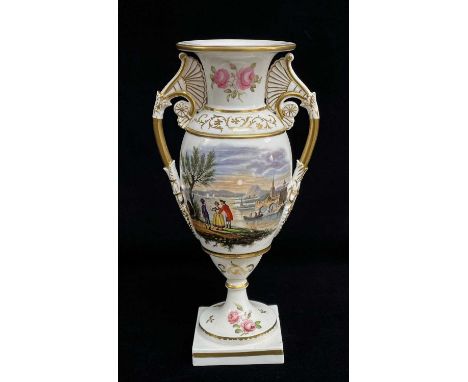 RARE SWANSEA PORCELAIN TWIN-HANDLED VASE circa 1815-1817, in the French-Empire style, of slender ovoid form with round pedest