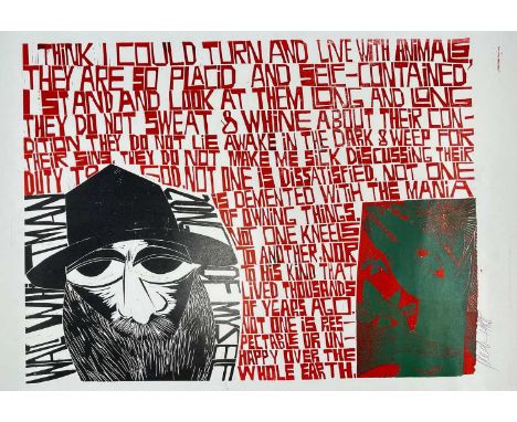 ‡ PAUL PETER PIECH three colour lithograph - homage to poet Walt Whitman (1819-1892) with text from 'Song of Myself', signed 