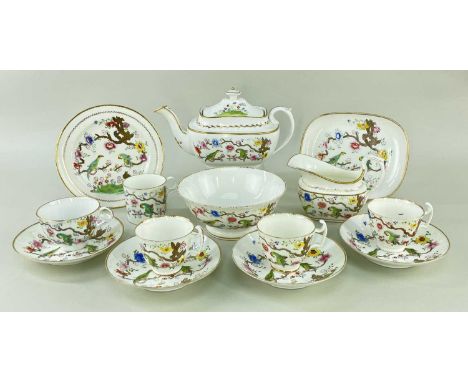 SWANSEA PORCELAIN COFFEE SET IN THE 'PARAKEETS IN A TREE PATTERN' circa 1815-1817, comprises teapot and stand, sugar-basin, s