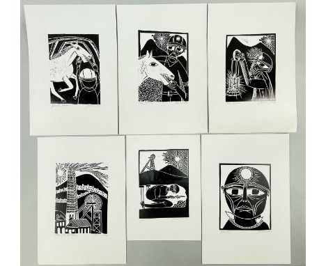 ‡ PAUL PETER PIECH six monochrome lino prints on card - mining themed, all titled including 'The Pit Stack', 'The Viewer', 'P