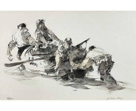 ‡ WILLIAM SELWYN limited edition (72/500) colour print - four fishermen manouvering rowing boat on the shore, entitled verso 