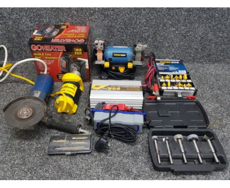 Mixed lot of tools includes router bit set 300w car power inverter hi-tork starter workzonr mini bench grinder etc