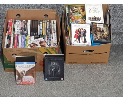 Two mixed boxes of dvds to include lord of the rings various box sets and game of thrones in blu-ray