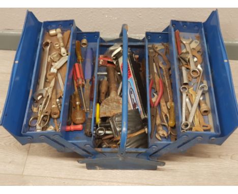 Blue Metal cantilever toolbox containing miscellaneous vintage hand tools