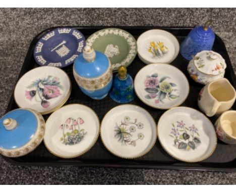 Tray of mixed China pieces includes 3x Wedgwood Jasper ware small plates, 7 Royal Worcester pin dishes, cloisonné bell and 2x