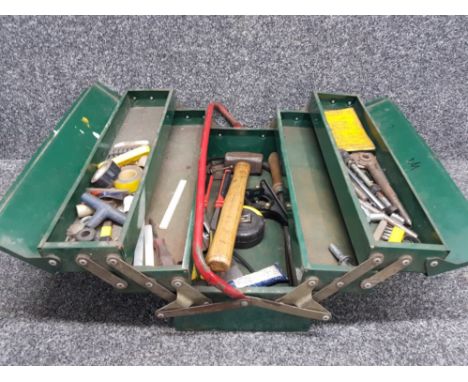 Vintage cantilever tool box in green with contents such as hammers drill bits tape measure etc