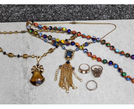 Job jewellery lot includes 3 silver dress rings (smokey quartz &amp; opal) plus 3x costume necklaces