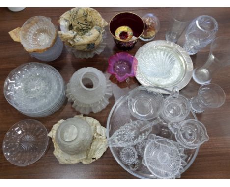 19th century and later glassware to include red and enamel decorated bowl, vases, lamp shades, cake stand etc