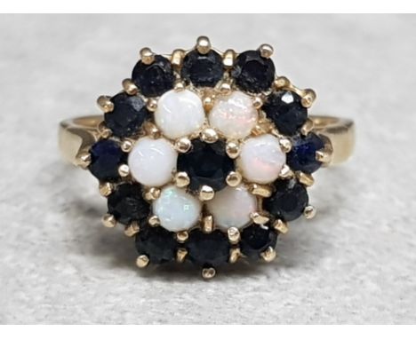 9ct yellow gold opal &amp; sapphire cluster ring, comprising of 6 opals &amp; 13 sapphires, size P½, 4.4g gross