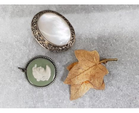 3 vintage brooches includes silver mother of pearl, rolled gold leaf &amp; wedgwood 1955 cameo brooch