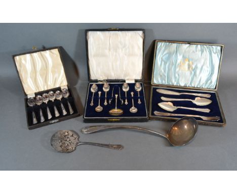 A Birmingham Silver Cased Set of Six Teaspoons with matching tongs and sugar sifter spoon together with two cased silver plat