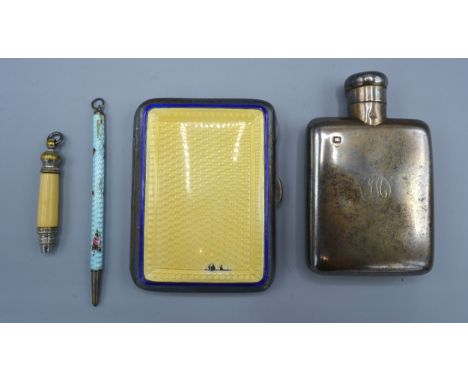 A Birmingham Silver and Enamel Decorated Cigarette Case together with a London silver small hip flask, an enamel propelling p