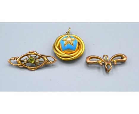 A Yellow Metal Pendant Locket set single pearl and turquoise enamel together with two 9 ct. gold bar brooches 