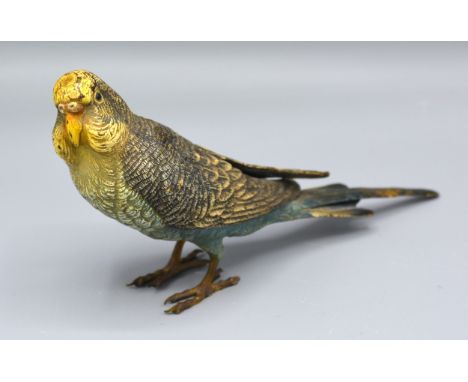 A Late 19th/Early 20th Century Cold Painted Bronze Model in the form of a Budgerigar possibly Bergman, 15 cms long, 8 cms hig