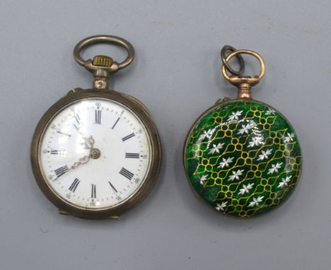 An Enamel Fob Watch together with a similar silver fob watch 