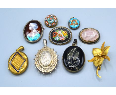 A portrait miniature pendant together with various other lockets, pendants and brooches 