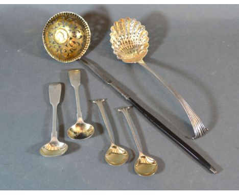 A George III Silver Toddy Ladle inset coin dated 1804 together with a silver sugar sifter and two pairs of silver mustard spo