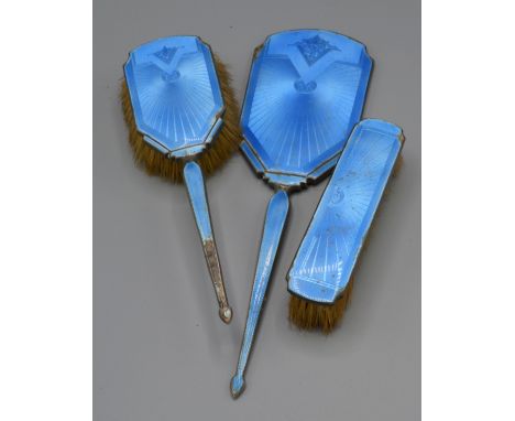 A Birmingham Silver and Translucent Enamel Three Piece Dressing Table Set 