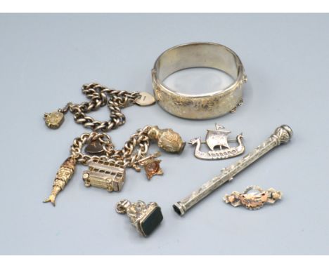 Two Silver Curb Link Charm Bracelets together with a silver bangle, a propelling pencil and other small items of silver 