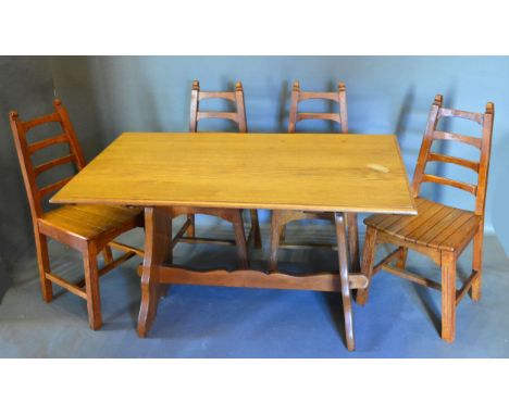 A 20th Century Oak Refectory Style Dining Table, the plank top above twin end shaped supports and stretcher, 126 x 75 cms, 74