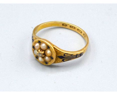 A 19th Century 18ct. Gold Enamel Diamond and Pearl Set Ring with a central diamond surrounded by pearls and with enamel shoul
