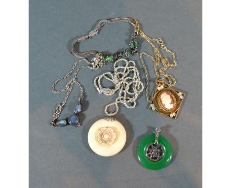 A Chinese Jade Set Pendant together with two other necklaces and a 925 silver bracelet 