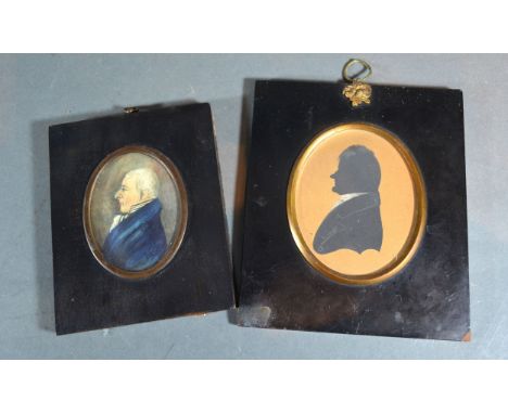 A 19th Century Portrait Miniature of a Gentleman in Period Dress together with a similar 19th Century silhouette 