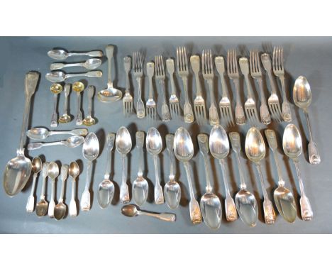 A Victorian Silver Canteen of Cutlery comprising nine dinner forks, five dessert forks, eight tablespoons, six dessert spoons