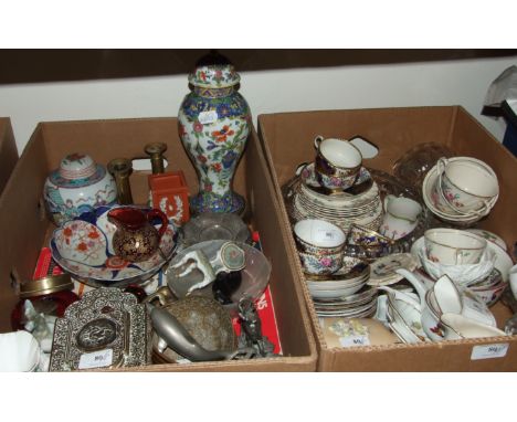 A Booths part tea service, a pair of brass candlesticks, other ceramics, glass and items (2 boxes)