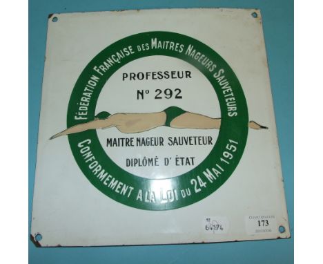 A French enamel swimming pool sign, 30 cm square