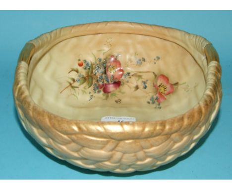 A Royal Worcester blush ivory basket weave bowl, decorated flowers, 441, 23 cm wide 