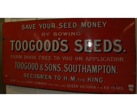 An enamel advertising sign, Toogood's Seeds, 60 x 122 cm Condition report Report by RB

No signs of any restoration, slightly
