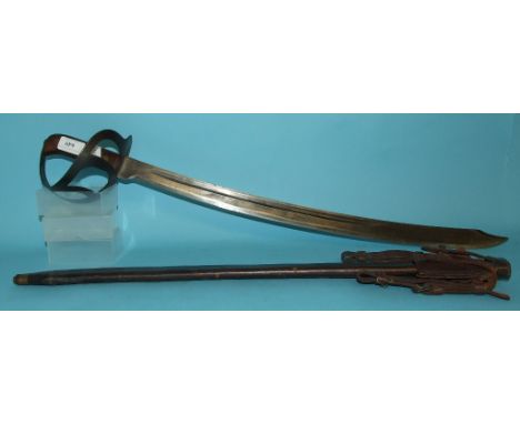 A Dutch Kleewang sword, the blade marked Hembrug, with a wooden grip, iron guard and a leather scabbard, with hanger, 76 cm l