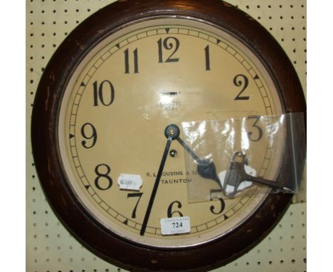 A wall clock, the painted dial with Arabic numerals, signed Smith 8 Day, R L Cousins & Son Taunton, in a stained case, 40 cm 