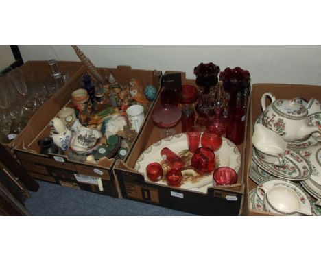 A pair of ruby glass lustres, (a.f.) 22 cm high, other glass, two Beswick owls, and other ceramics (5 boxes)