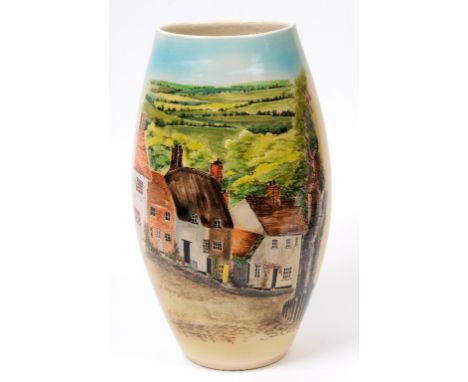 A Poole pottery vase, Gold Hill Shaftesbury, painted by Jane Brewer, 1/1, 35 cm high  See illustration