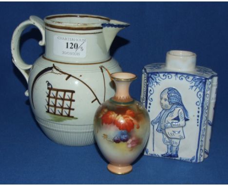 A Royal Worcester porcelain vase, decorated berries and leaves, 302, 10 cm high, a Delft tea caddy, and a creamware harvest j