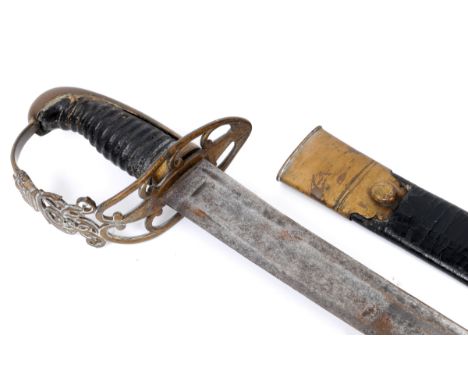 An early 19th century sword, the pierced brass guard with GR cipher beneath a crown, with a leather scabbard, 91 .5 cm long (