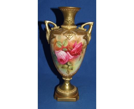 A Royal Worcester porcelain vase, decorated roses, signed R Rushton (restored), 27 cm high Condition report Report by NG

Ped
