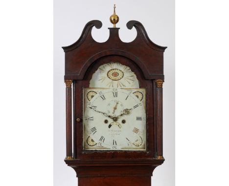 A longcase clock, the 30 cm arched square painted dial signed R Monham, Coleford, with Roman numerals, subsidiary seconds dia