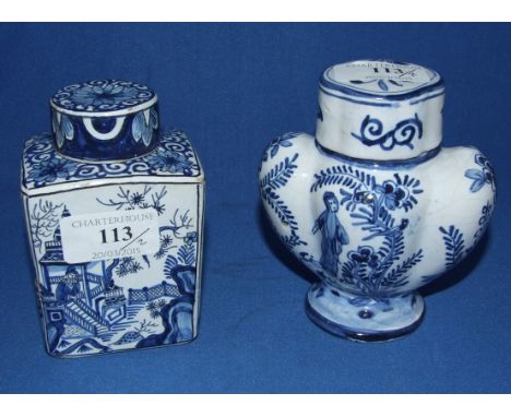 A Delft tea caddy and cover, with chinoiserie style decoration, 10.5 cm high, and another similar, 11.5 cm high (2) Condition