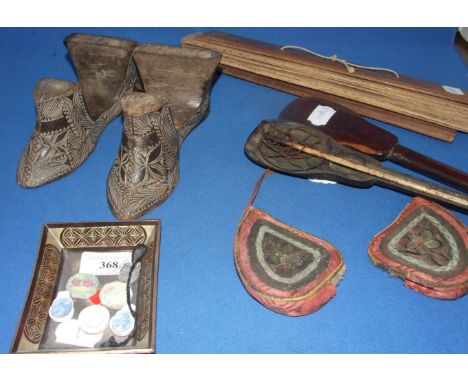 A pair of oriental carved wood shoes, a set of opium scales, and other items (qty)
