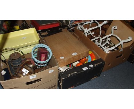 A set of kitchen scales, assorted walking sticks, a copper kettle and other items (qty)
