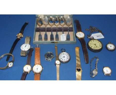 A boys stainless steel Timex wristwatch, other watches, and a set of six silver spoons