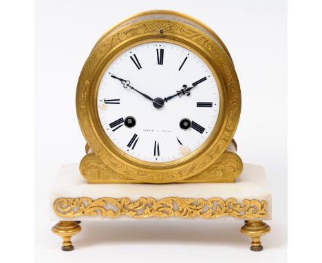 A mantel clock, the enamel dial signed Leroy A Paris, in a gilt metal and marble case, with key and pendulum, 20.5 cm high  S