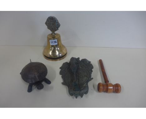 A turtle desk shop bell, dinner gong bell and masonic door knocker, shop bell needs attention 