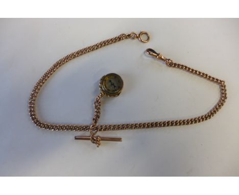 A 9ct rose gold double Albert watch chain, with running link T-bar, and 9ct compass fob, circular clip fastener at one end, d