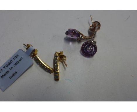 A pair of 10ct rose gold amethyst and diamond earrings, approx 2.7 grams, and a pair of 9ct alexandrite earrings, approx 1.4 